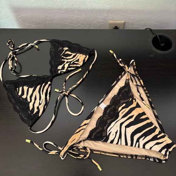 Victoria's Secret Other - Early 2000s Victorias Secret Zebra Print Lace Bikini Set Triangle Side Tie M Y2K